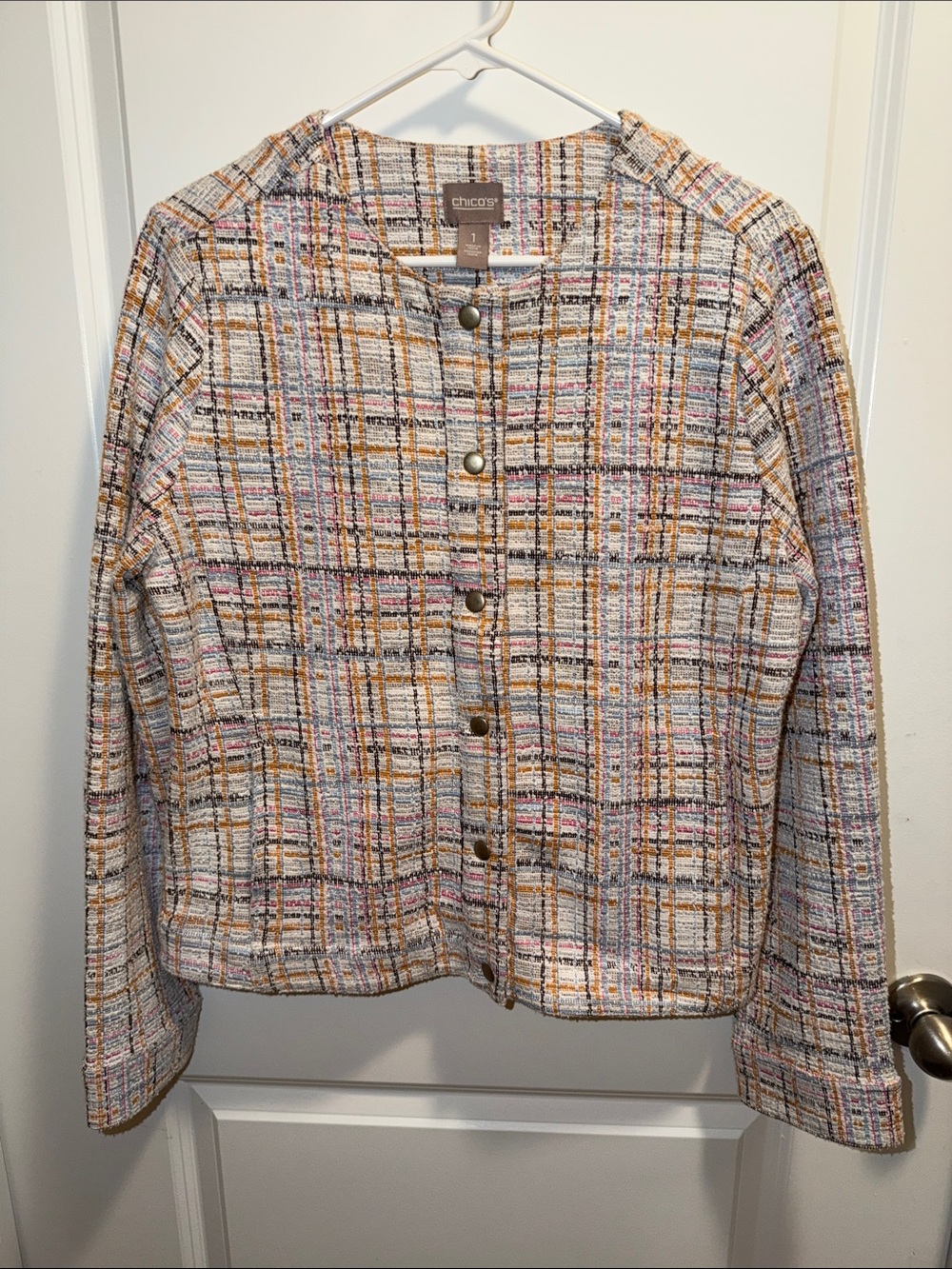 👄 Chico's Multi-Color Tweed Jacket - White with Orange & Blue Accents